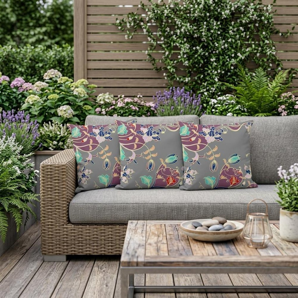 Set of Three 16" X 16" Gray and Purple Botanical Indoor Outdoor Throw Pillow