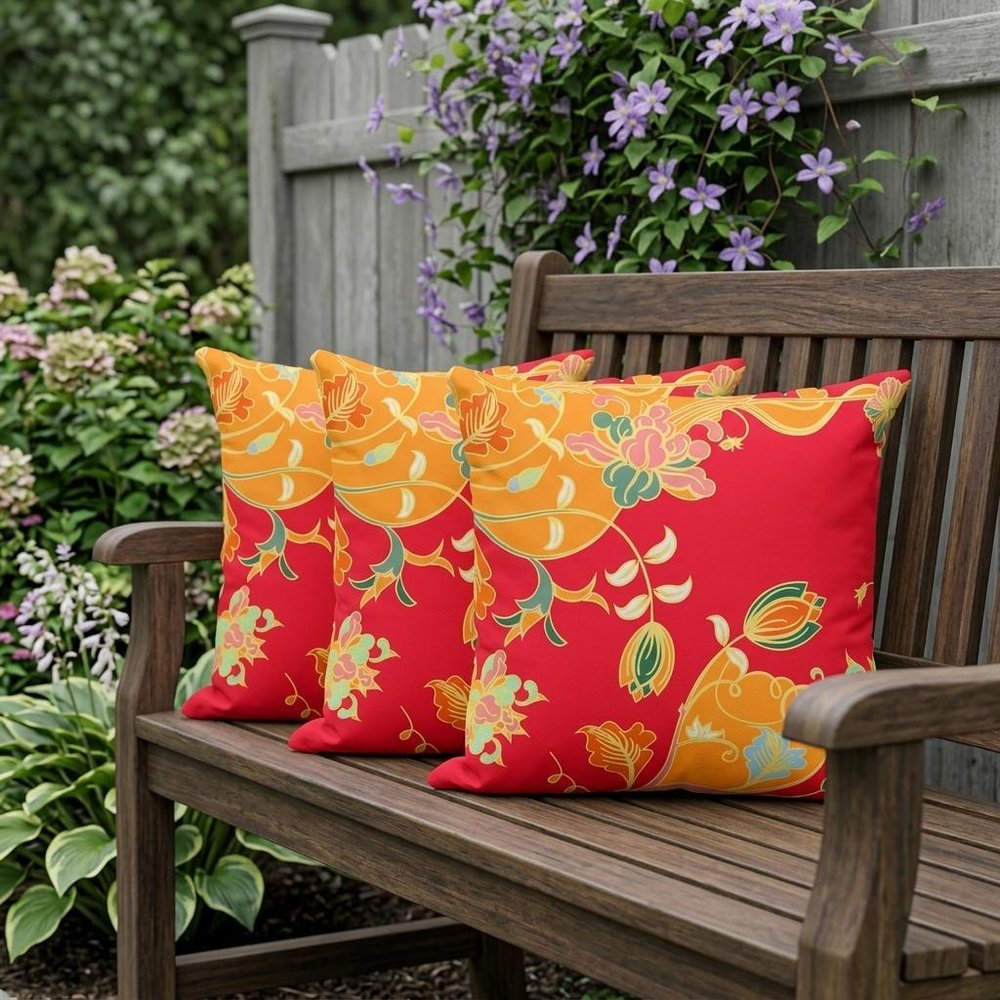 Set of Three 16" X 16" Green and Red Botanical Indoor Outdoor Throw Pillow