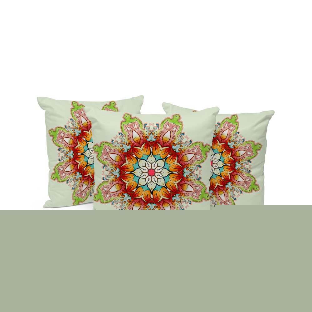 Set of Three 16" X 16" Green and Pink Abstract Indoor Outdoor Throw Pillow