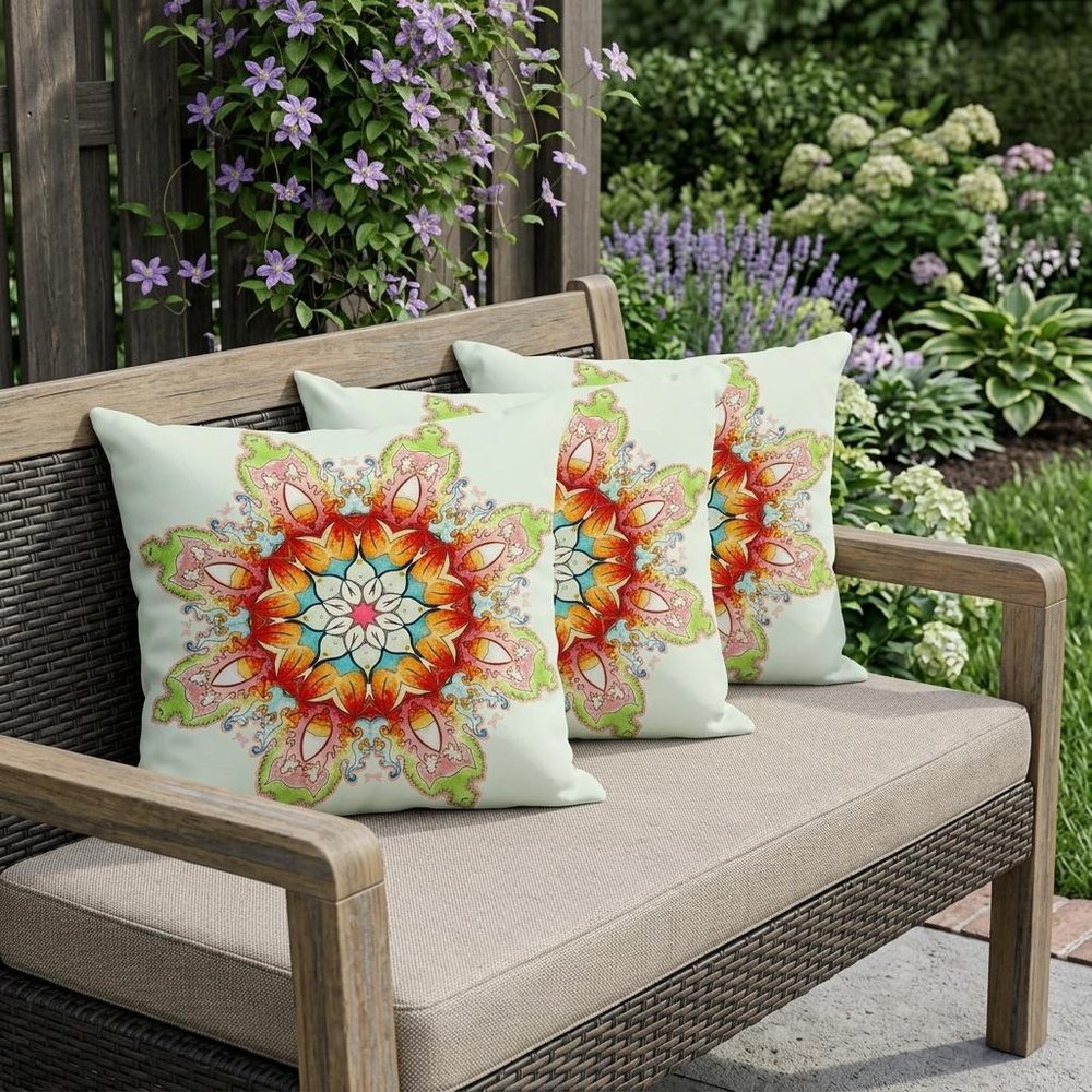 Set of Three 16" X 16" Green and Pink Abstract Indoor Outdoor Throw Pillow