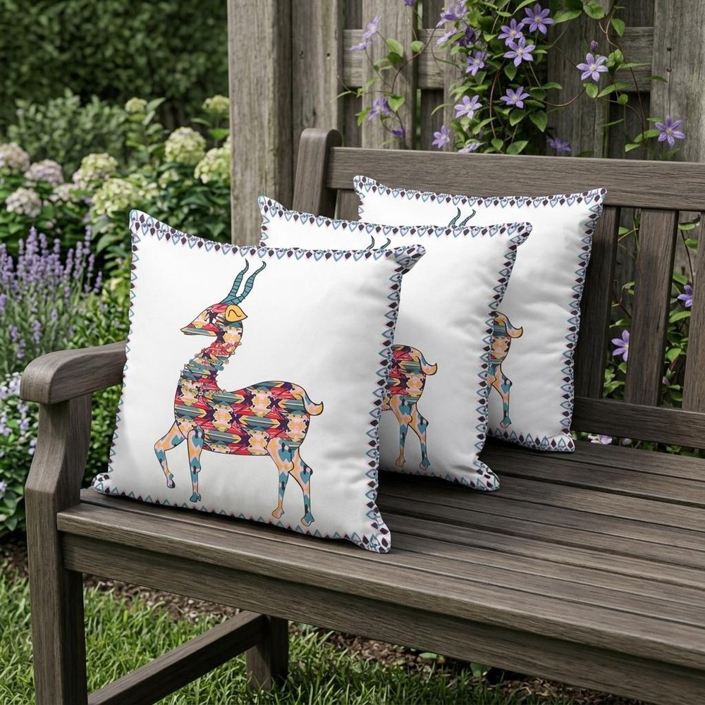 Set of Three 16" X 16" Red and White Deer Indoor Outdoor Throw Pillow