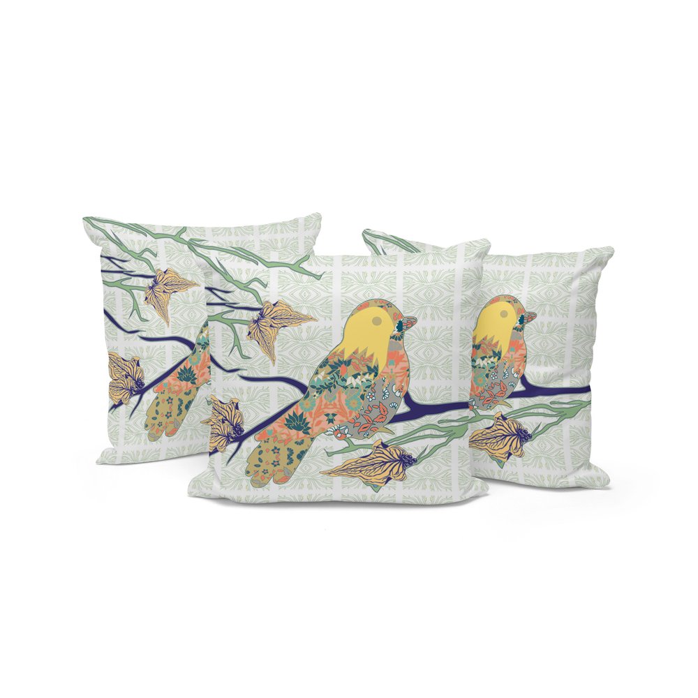 Set of Three 16" X 16" Green and White Bird Indoor Outdoor Throw Pillow