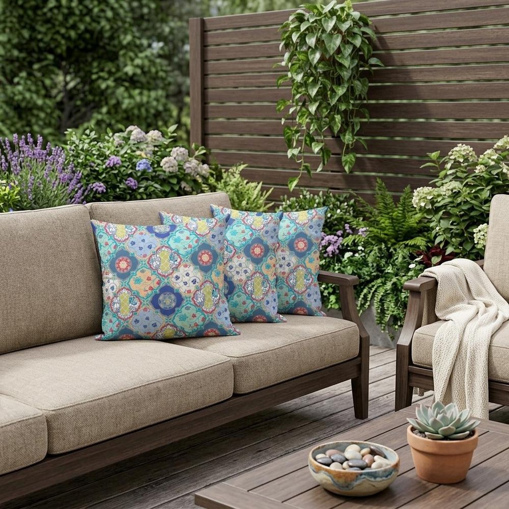Set of Three 16" X 16" Green and Pink Botanical Indoor Outdoor Throw Pillow