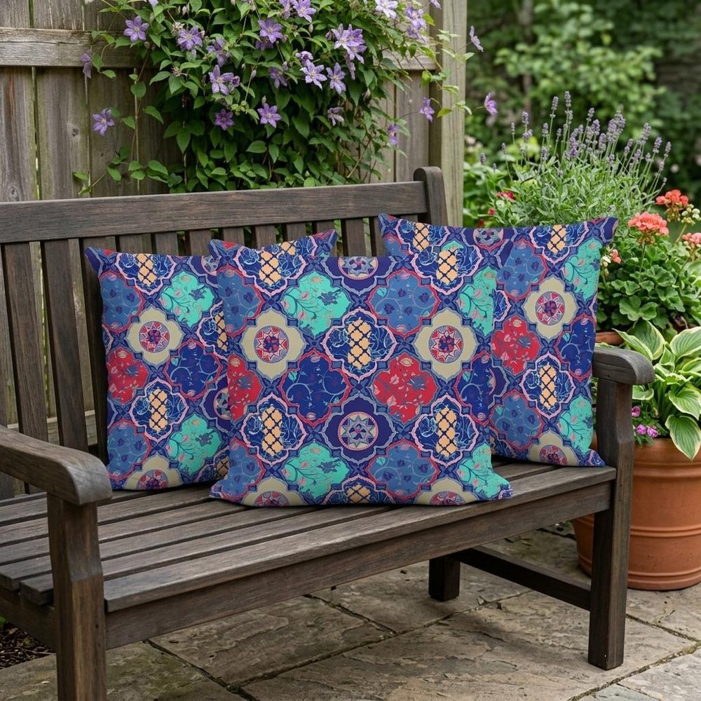 Set of Three 16" X 16" Blue and Green Botanical Indoor Outdoor Throw Pillow