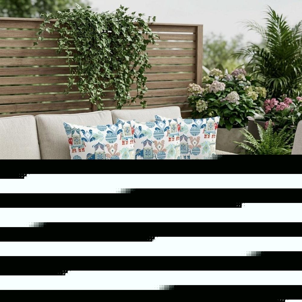 Set of Three 16" X 16" Blue and White Elephant Abstract Indoor Outdoor Throw Pillow