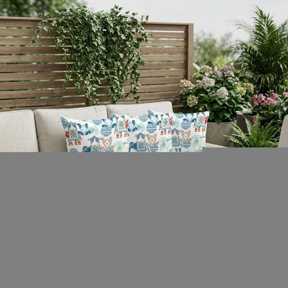 Set of Three 16" X 16" Blue and White Elephant Abstract Indoor Outdoor Throw Pillow