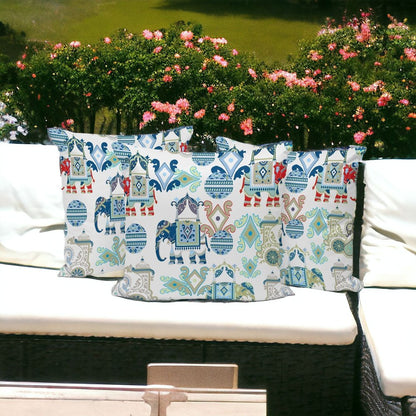 Set of Three 16" X 16" Blue and White Elephant Abstract Indoor Outdoor Throw Pillow