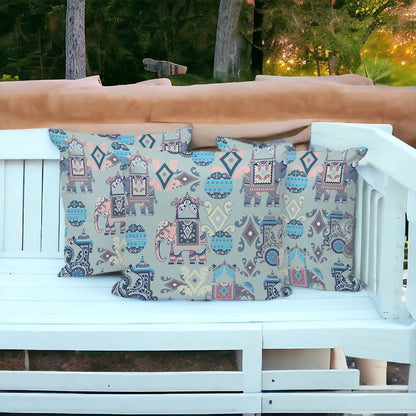 Set of Three 16" X 16" Gray and Pink Elephant Abstract Indoor Outdoor Throw Pillow