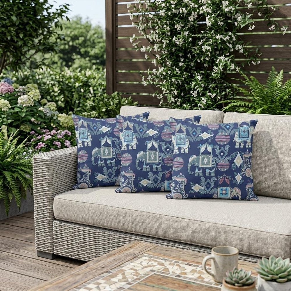 Set of Three 16" X 16" Blue and Gray Elephant Abstract Indoor Outdoor Throw Pillow