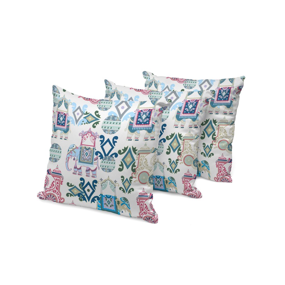 Set of Three 16" X 16" Pink and White Elephant Abstract Indoor Outdoor Throw Pillow