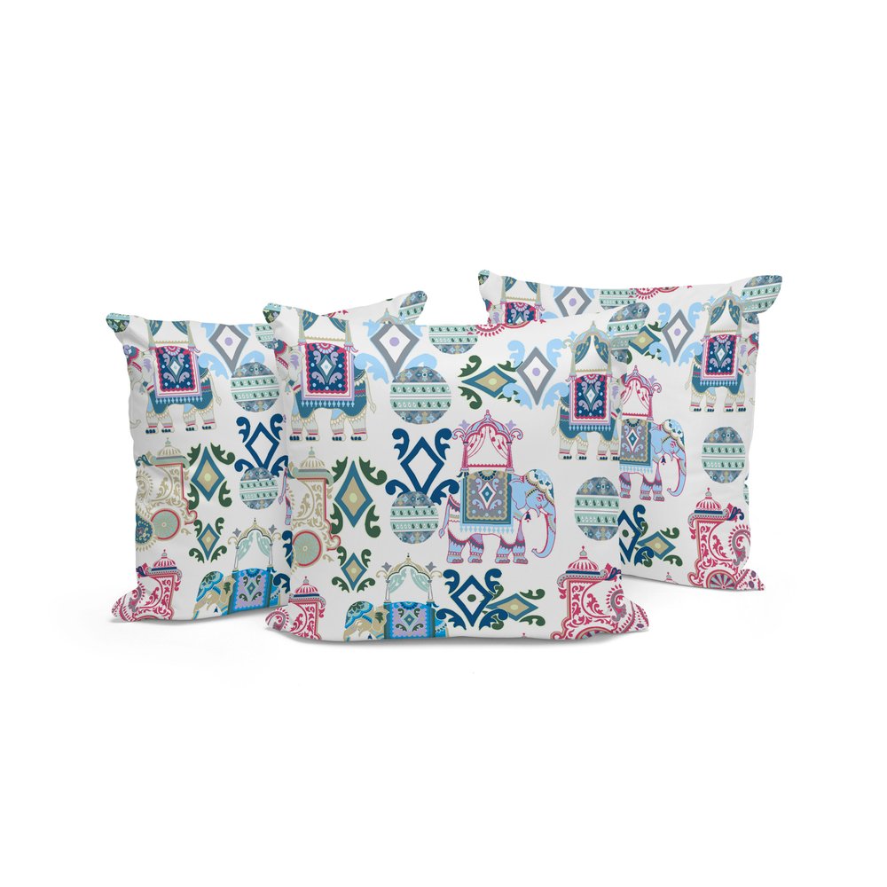 Set of Three 16" X 16" Pink and White Elephant Abstract Indoor Outdoor Throw Pillow