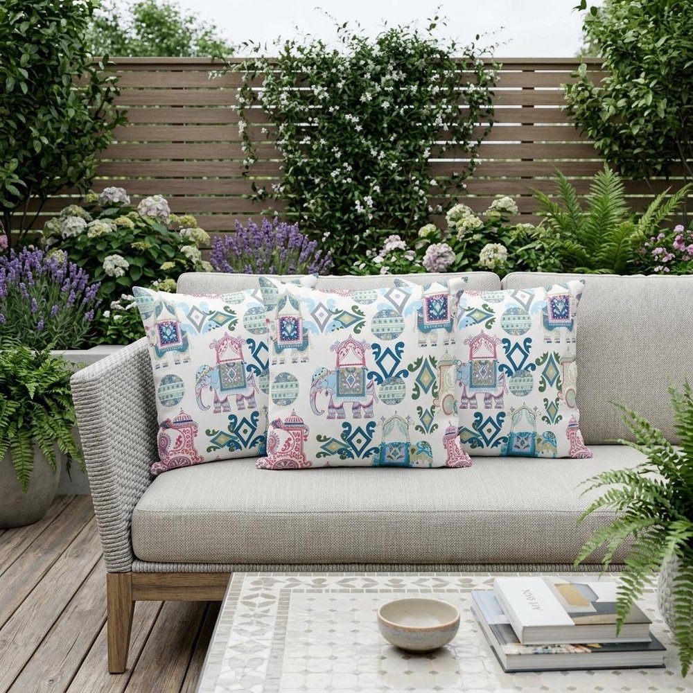 Set of Three 16" X 16" Pink and White Elephant Abstract Indoor Outdoor Throw Pillow