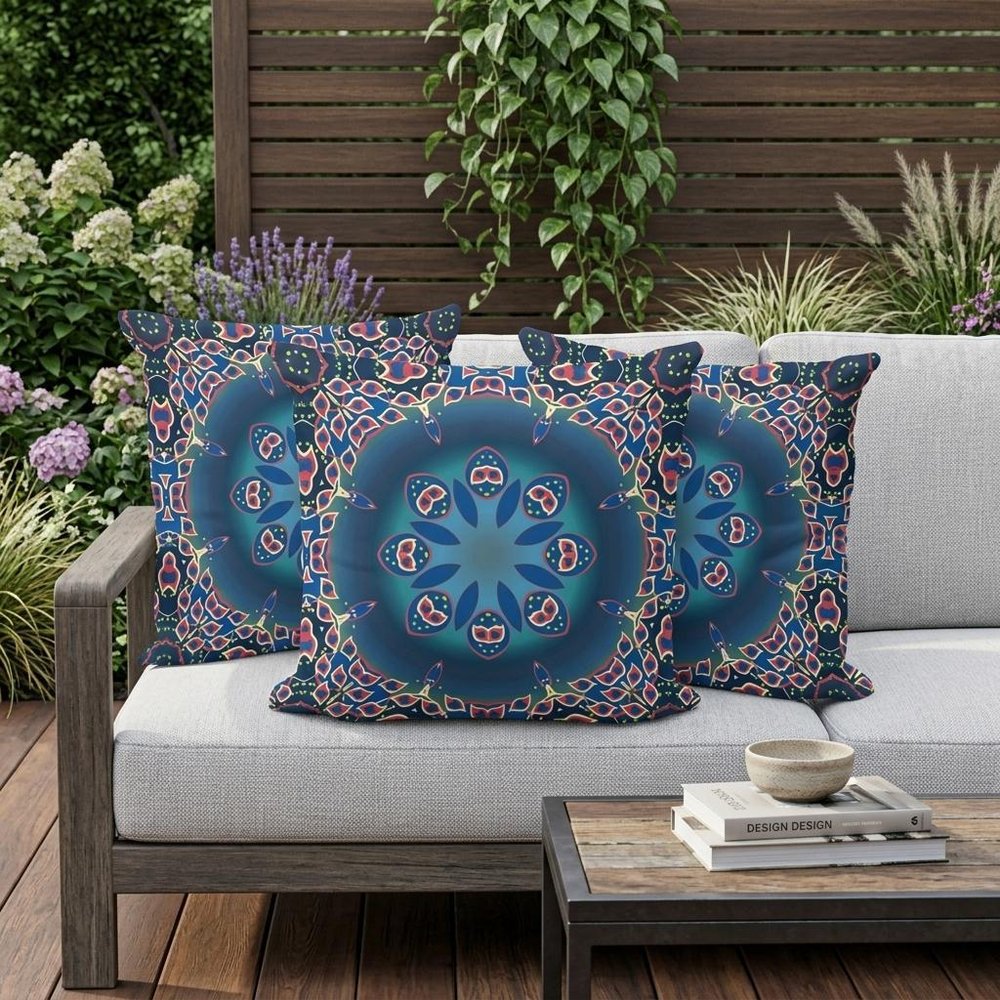 Set of Three 16" X 16" Blue and Pink Abstract Indoor Outdoor Throw