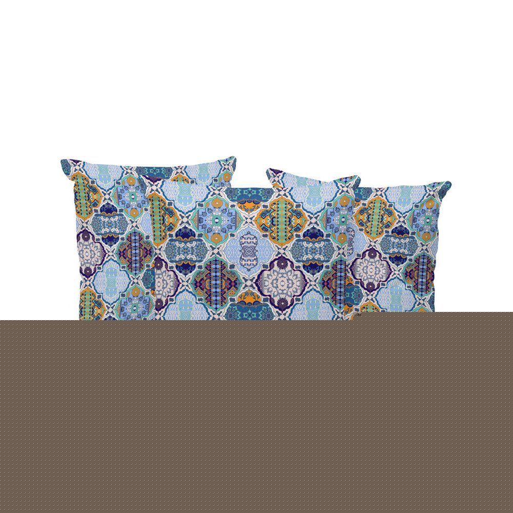 Set of Three 16" X 16" Blue and Orange Botanical Indoor Outdoor Throw Pillow