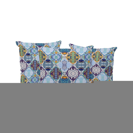 Set of Three 16" X 16" Blue and Orange Botanical Indoor Outdoor Throw Pillow