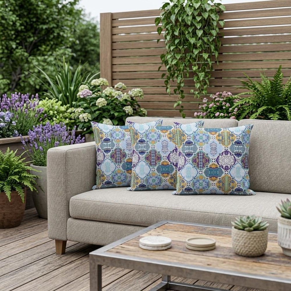 Set of Three 16" X 16" Blue and Orange Botanical Indoor Outdoor Throw Pillow