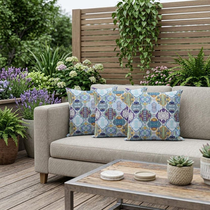 Set of Three 16" X 16" Blue and Orange Botanical Indoor Outdoor Throw Pillow