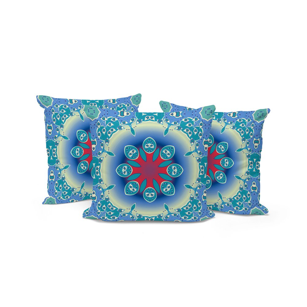 Set of Three Blue and Green Abstract Indoor Outdoor Throw Pillow
