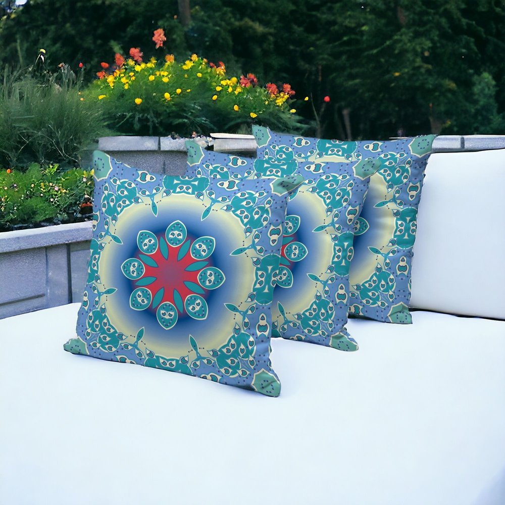 Set of Three Blue and Green Abstract Indoor Outdoor Throw Pillow