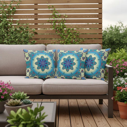 Set of Three 16" X 16" Green and Yellow Abstract Indoor Outdoor Throw Pillow