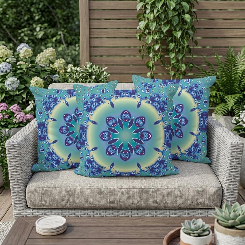 Set of Three Blue and Purple Abstract Indoor Outdoor Throw Pillow