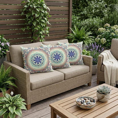 Set of Three 16" X 16" Beige and Blue Abstract Indoor Outdoor Throw Pillow