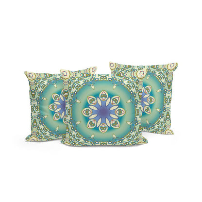 Set of Three 16" X 16" Beige and Green Abstract Indoor Outdoor Throw Pillow