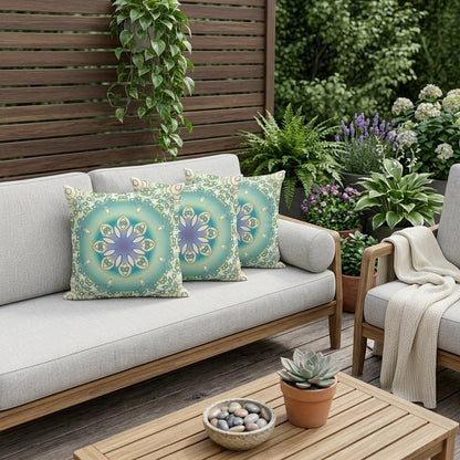 Set of Three 16" X 16" Beige and Green Abstract Indoor Outdoor Throw Pillow