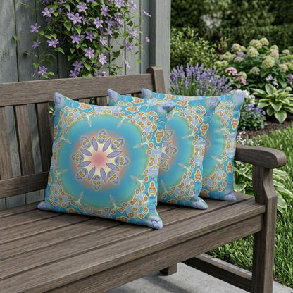 Set of Three 16" X 16" Blue and Green Abstract Indoor Outdoor Throw