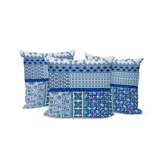 Set of Three 16" X 16" Blue and White Botanical Indoor Outdoor Throw Pillow