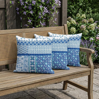 Set of Three 16" X 16" Blue and White Botanical Indoor Outdoor Throw Pillow