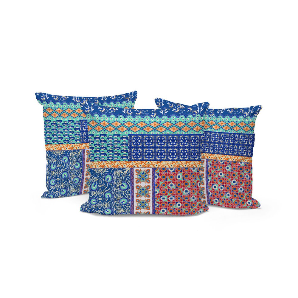 Set of Three 16" X 16" Blue and Orange Botanical Indoor Outdoor Throw Pillow