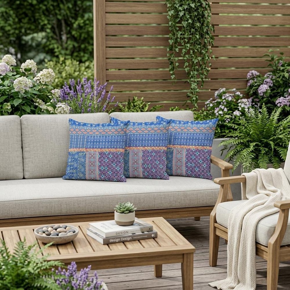 Set of Three 16" X 16" Blue and Yellow Botanical Indoor Outdoor Throw Pillow