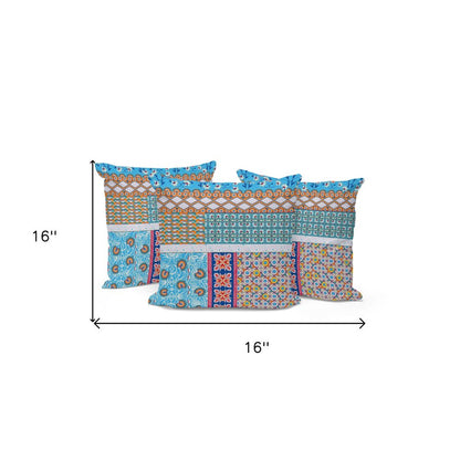 Set of Three 16" X 16" Blue and White Botanical Indoor Outdoor Throw Pillow