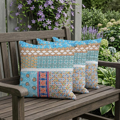 Set of Three 16" X 16" Blue and White Botanical Indoor Outdoor Throw Pillow