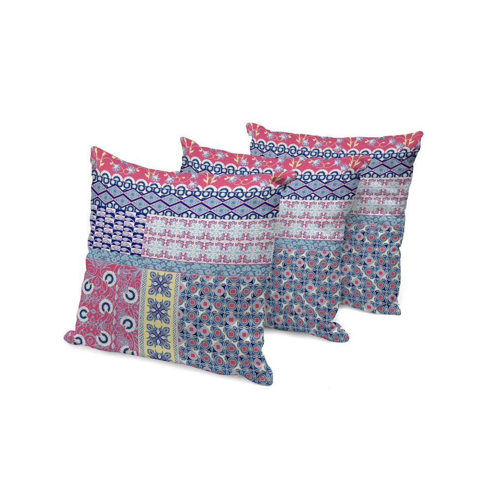 Set of Three 16" X 16" Blue and Pink Botanical Indoor Outdoor Throw Pillow