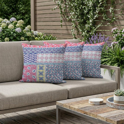 Set of Three 16" X 16" Blue and Pink Botanical Indoor Outdoor Throw Pillow