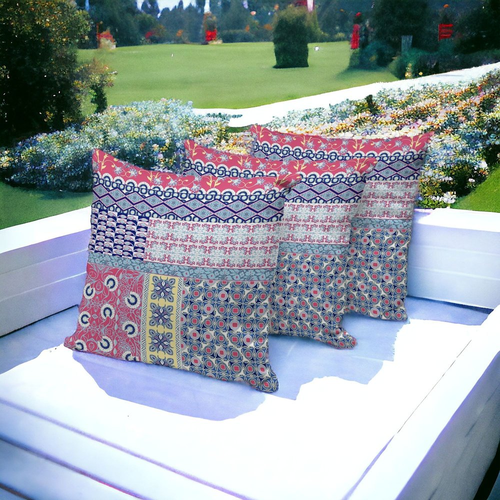 Set of Three 16" X 16" Blue and Pink Botanical Indoor Outdoor Throw Pillow