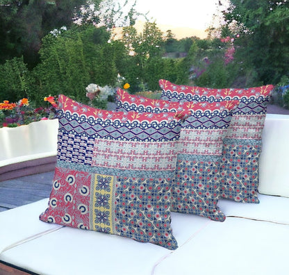 Set of Three 16" X 16" Blue and Pink Botanical Indoor Outdoor Throw Pillow