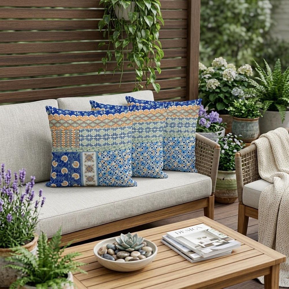 Set of Three 16" X 16" Blue and Orange Botanical Indoor Outdoor Throw Pillow