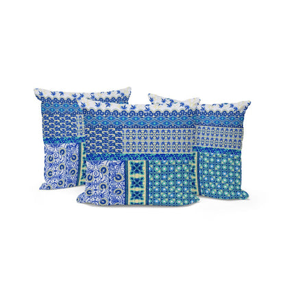 Set of Three 16" X 16" Blue and White Botanical Indoor Outdoor Throw Pillow