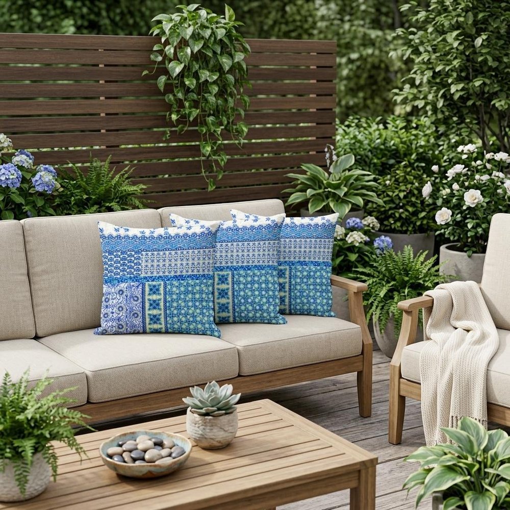 Set of Three 16" X 16" Blue and White Botanical Indoor Outdoor Throw Pillow