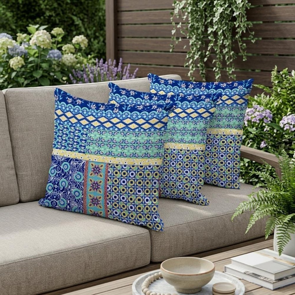 Set of Three 16" X 16" Blue and Yellow Botanical Indoor Outdoor Throw Pillow