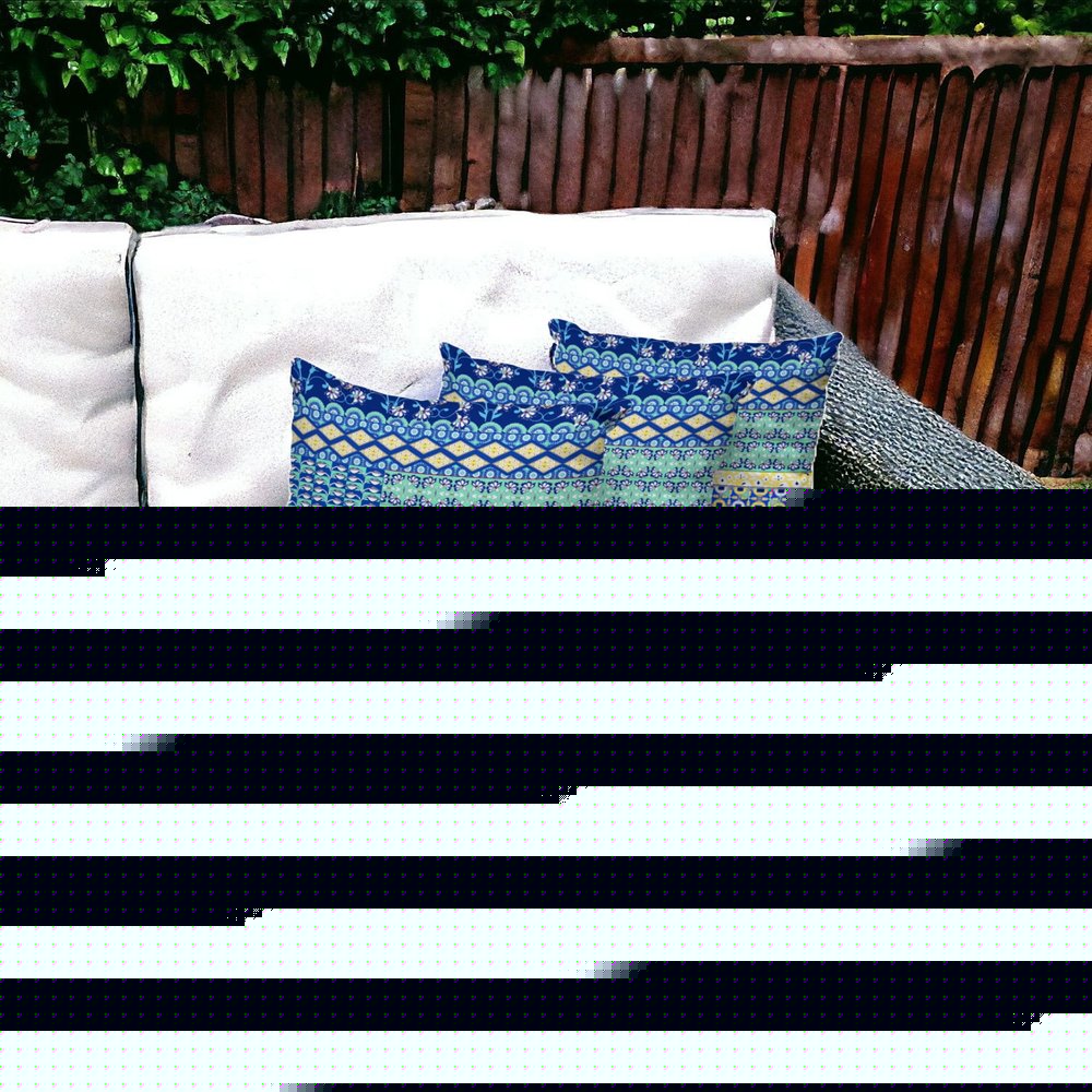 Set of Three 16" X 16" Blue and Yellow Botanical Indoor Outdoor Throw Pillow