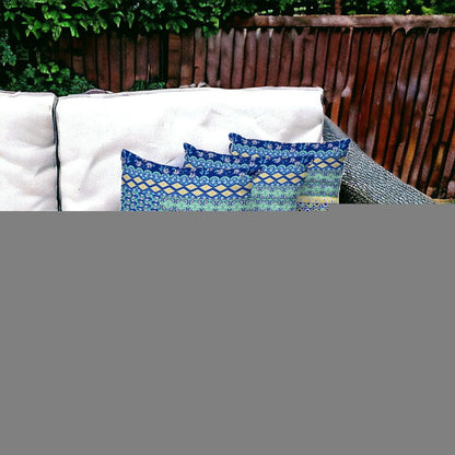 Set of Three 16" X 16" Blue and Yellow Botanical Indoor Outdoor Throw Pillow