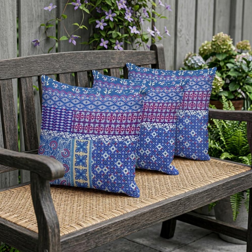 Set of Three 16" X 16" Blue and White Botanical Indoor Outdoor Throw Pillow