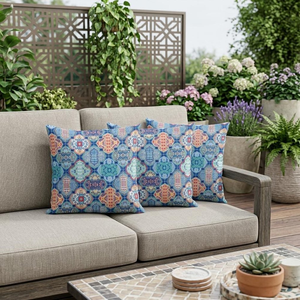 Set of Three 16" X 16" Green and Red Botanical Indoor Outdoor Throw Pillow