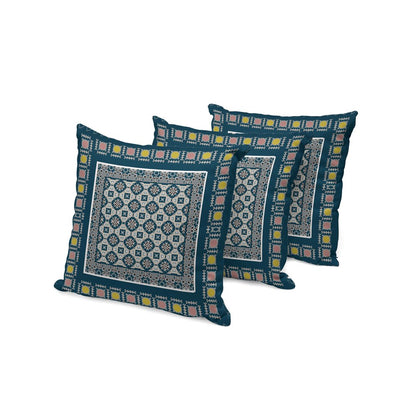 Set of Three 16" X 16" Beige and Blue Botanical Indoor Outdoor Throw Pillow