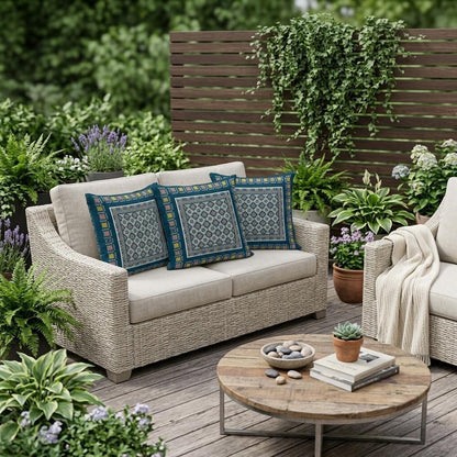 Set of Three 16" X 16" Beige and Blue Botanical Indoor Outdoor Throw Pillow