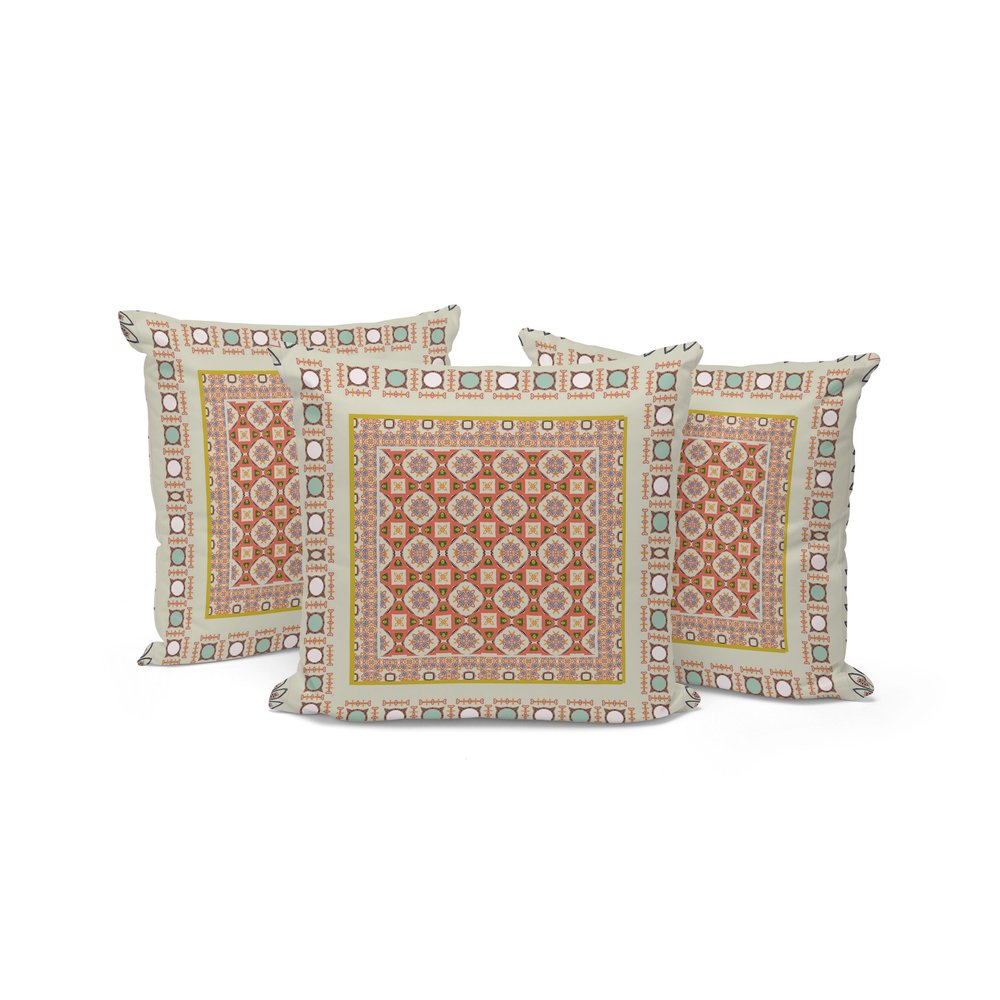 Set of Three Orange and White Botanical Indoor Outdoor Throw Pillow